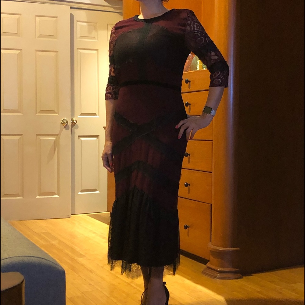 Black Lace Midi dress over red fabric Long Sleeve Rick Rhe